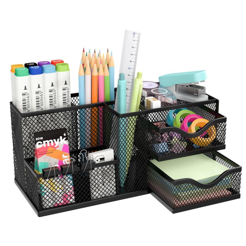 ReePlan Mesh Desk Organizer, Pen Organizer with 2 Drawers and 5 Compartments, Versatile Pen Holder for Small Space, Desk Organizers and Accessories for School Office Supplies, Black - Image 1