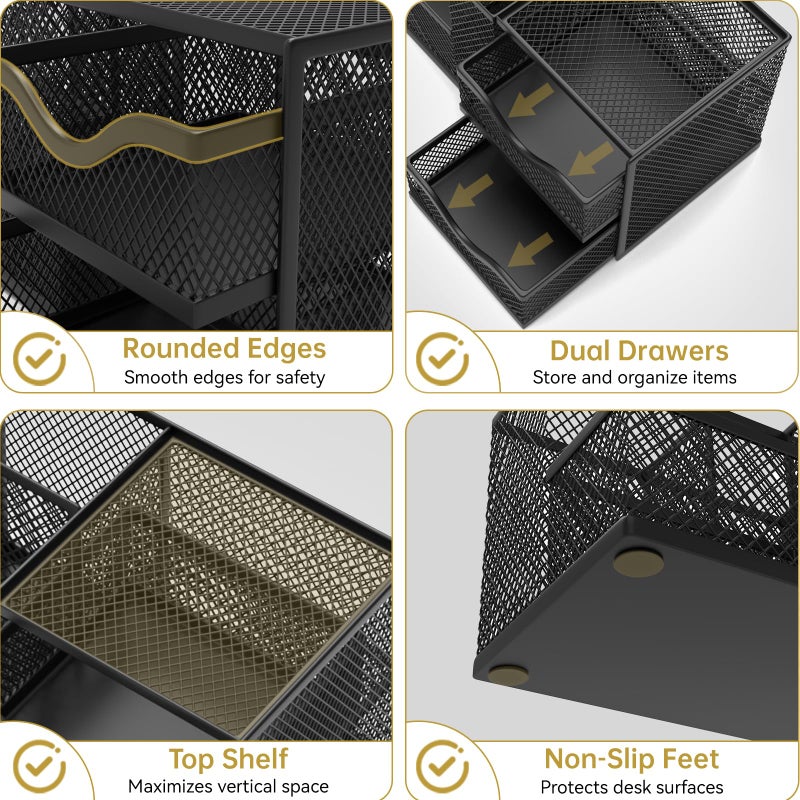 ReePlan Mesh Desk Organizer, Pen Organizer with 2 Drawers and 5 Compartments, Versatile Pen Holder for Small Space, Desk Organizers and Accessories for School Office Supplies, Black - Image 3