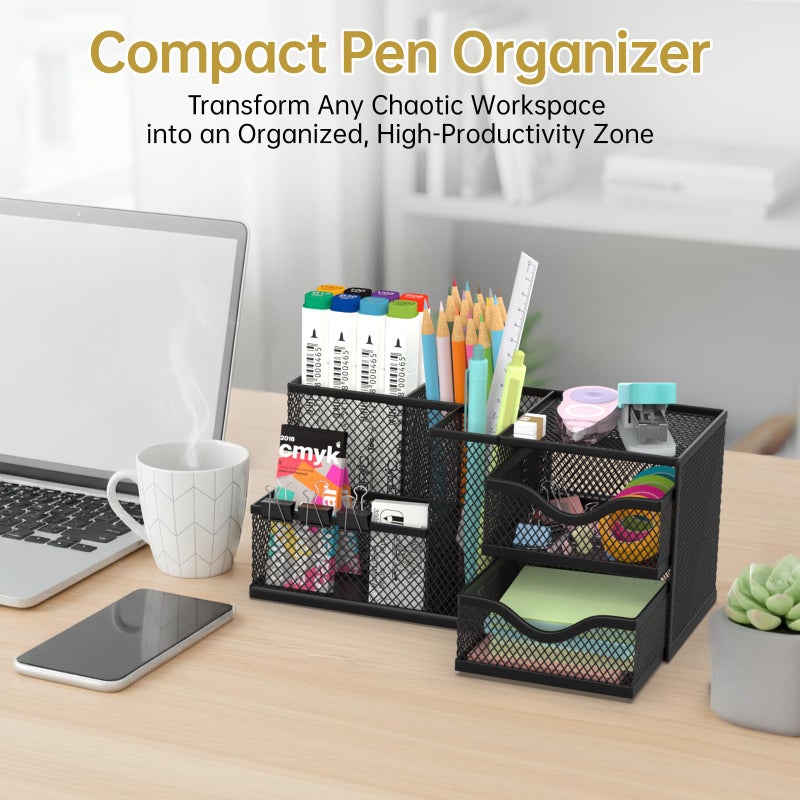 ReePlan Mesh Desk Organizer, Pen Organizer with 2 Drawers and 5 Compartments, Versatile Pen Holder for Small Space, Desk Organizers and Accessories for School Office Supplies, Black - Image 4
