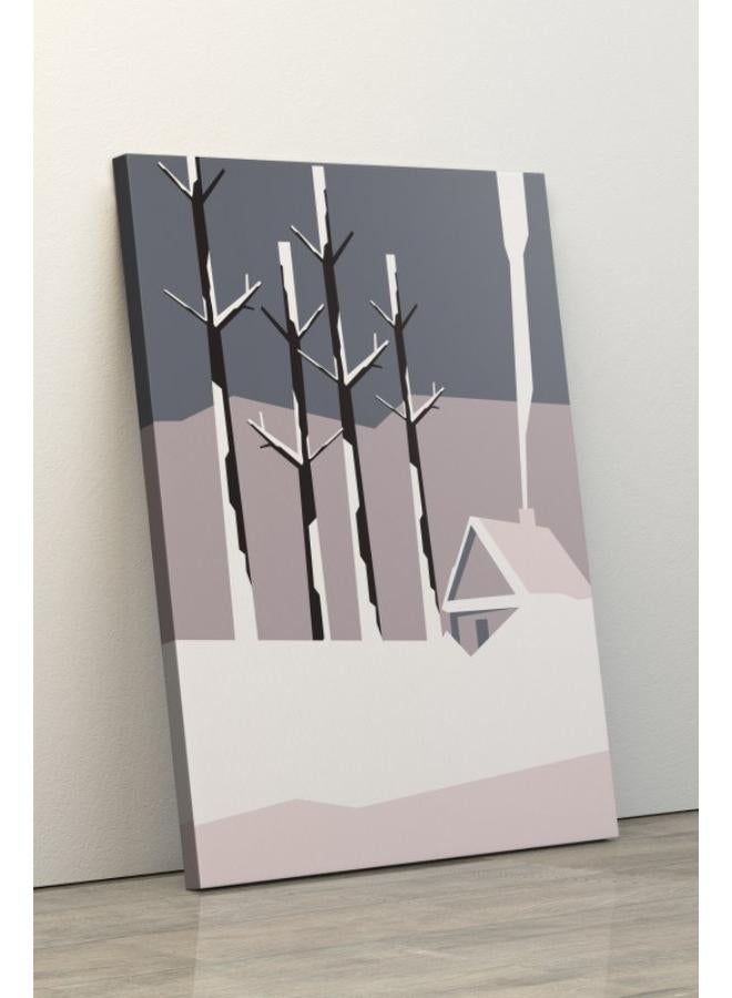 هوم جاليري لوحة فنية جدارية مطبوعة على القماش الكانفس عن كوخ في الغابة المتجمدة بخلفية بيضاء مقاس 60×40 سم - Image 3