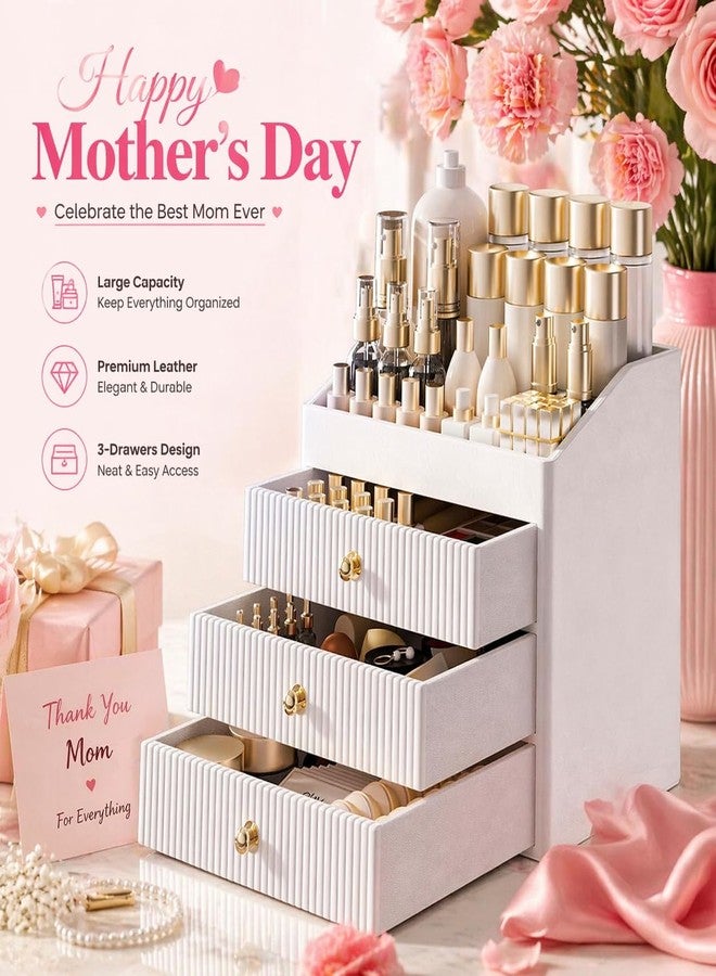 LADSTAG Vanity Organizers,Luxury Skincare Organizer with 3 Tier Drawers,Beige White Large Capacity Cosmetic Organizer Countertop for Makeup Brush,Dresser,Bedroom,Bathroom,Mom Gifts,Mom Birthday Gifts - Image 3