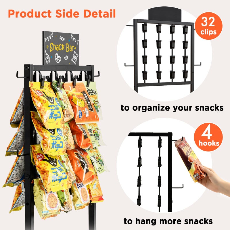 Poyilooo Chip Rack Display Stand, 4 Tier 32 Clip Clips Snack Bar Organizer with Tray, 360Â° Rotation Candy Display Rack for Party Kitchen Office, Retail Snack Display for Store Countertop (Black) - Image 5