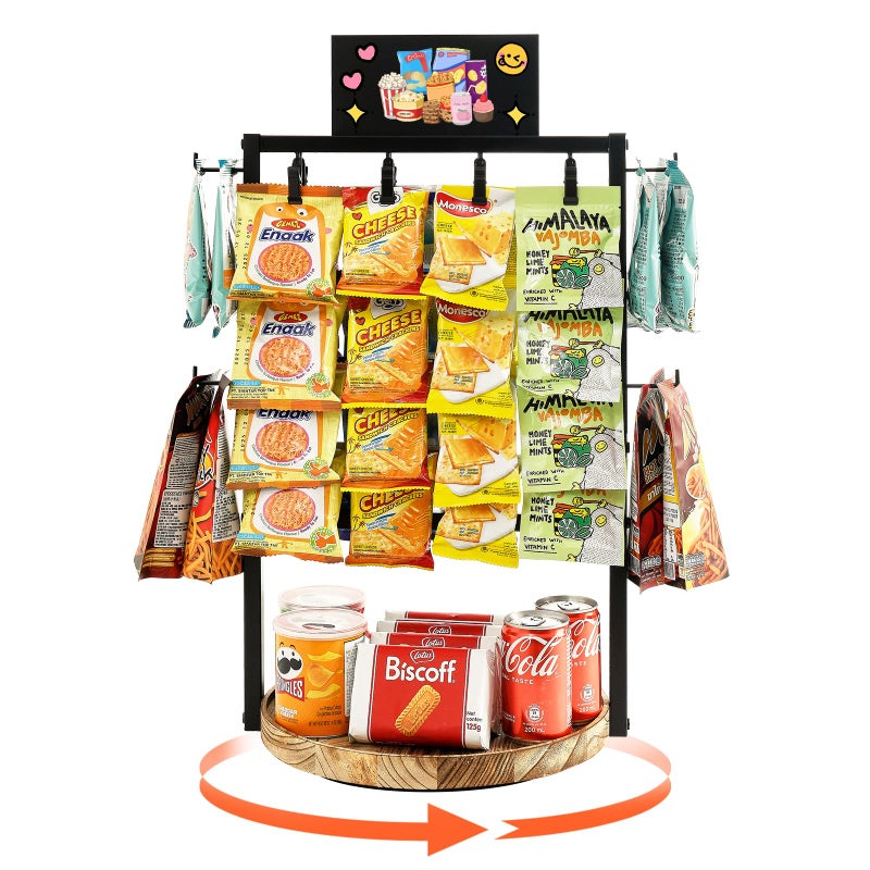 Poyilooo Chip Rack Display Stand, 4 Tier 32 Clip Clips Snack Bar Organizer with Tray, 360Â° Rotation Candy Display Rack for Party Kitchen Office, Retail Snack Display for Store Countertop (Black) - Image 1