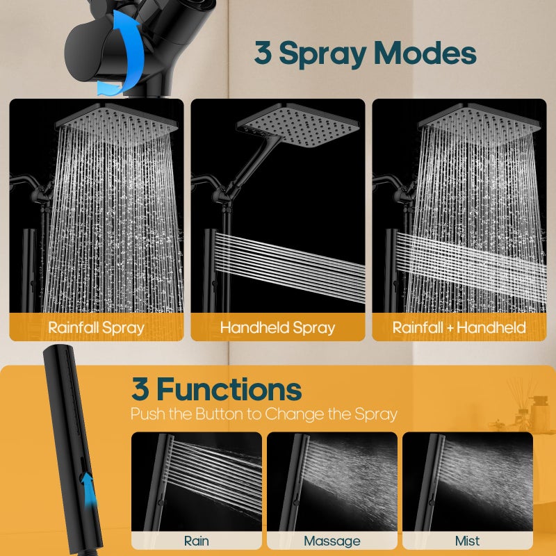 Hombeter High Pressure Rain Shower Head with Handheld Combo, 10 Inch Square Rainfall Showerhead, Adjustable Slide Bar Dual Shower System, 3 Spray Modes, 59" Stainless Steel Hose, Matte Black - Image 5