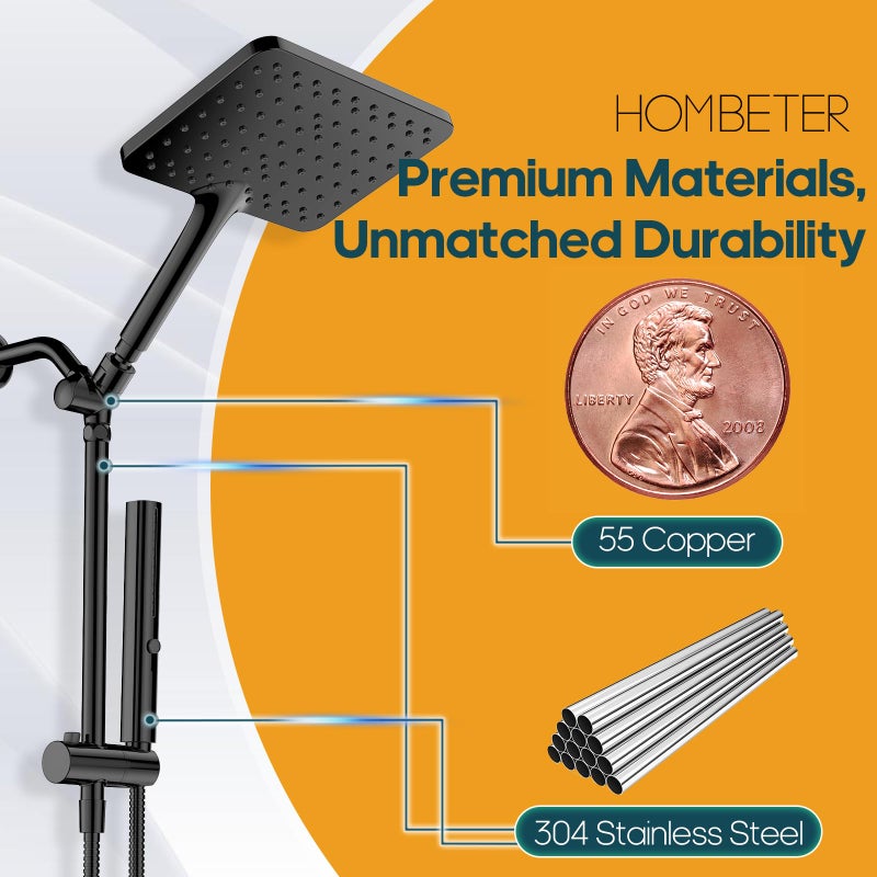 Hombeter High Pressure Rain Shower Head with Handheld Combo, 10 Inch Square Rainfall Showerhead, Adjustable Slide Bar Dual Shower System, 3 Spray Modes, 59" Stainless Steel Hose, Matte Black - Image 2