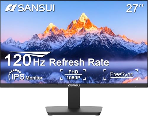 Sansui شاشة SANSUI مقاس 27 بوصة IPS 120Hz شاشة كمبيوتر Full HD 1920 x 1080P مع واجهات HDMI و DP رعاية العين بدون إطار 100 x 100mm قابلة للتثبيت على VESA كابل HDMI متضمن