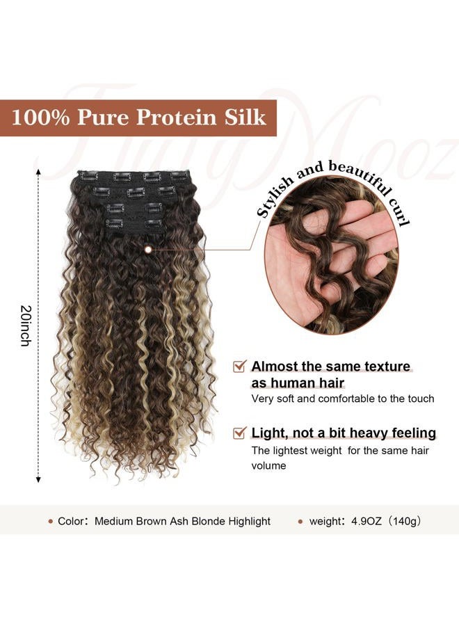 Flufymooz Clip in Hair Extensions, FLUFYMOOZ 4PC 100％ Pure Protein Silk Hair Extensions Long Soft Natural Hairpiece 20 Inch Curly Hair Extension for Women (Medium Brown Ash Blonde Highlight) - Image 2