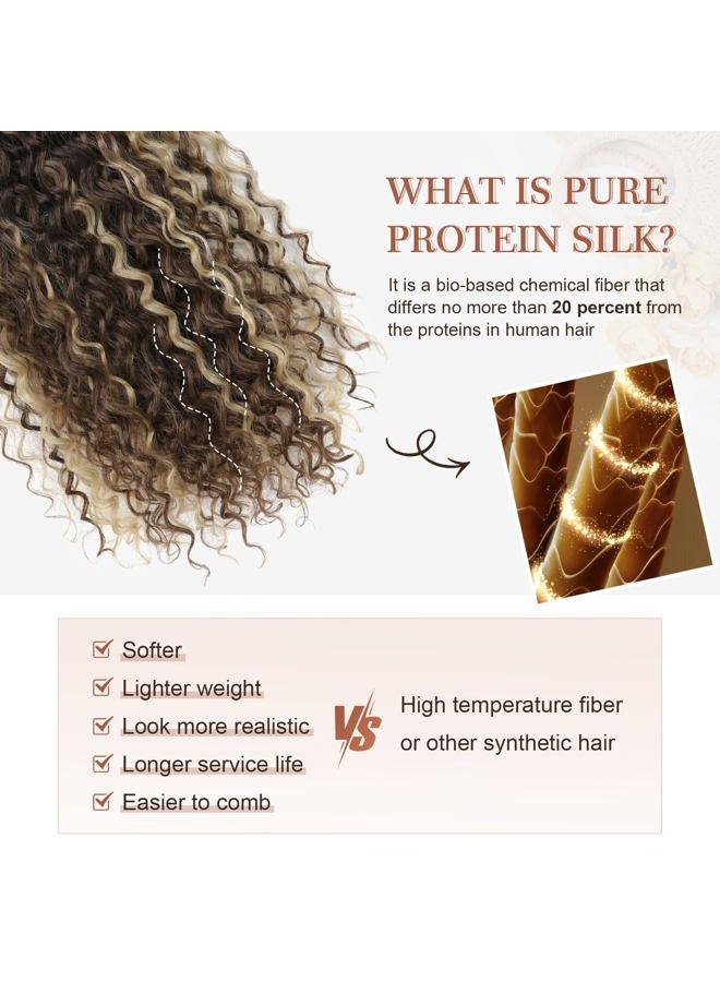 Flufymooz Clip in Hair Extensions, FLUFYMOOZ 4PC 100％ Pure Protein Silk Hair Extensions Long Soft Natural Hairpiece 20 Inch Curly Hair Extension for Women (Medium Brown Ash Blonde Highlight) - Image 3