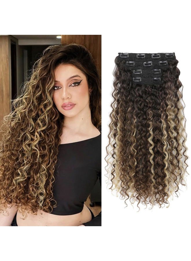 Flufymooz Clip in Hair Extensions, FLUFYMOOZ 4PC 100％ Pure Protein Silk Hair Extensions Long Soft Natural Hairpiece 20 Inch Curly Hair Extension for Women (Medium Brown Ash Blonde Highlight) - Image 1