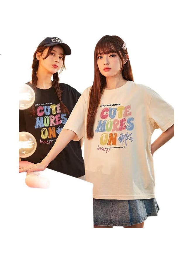 Tonlion Women'S Round Neck Graffiti Text Pure Cotton Short Sleeve T-Shirt Black/Second Batch L - Image 1