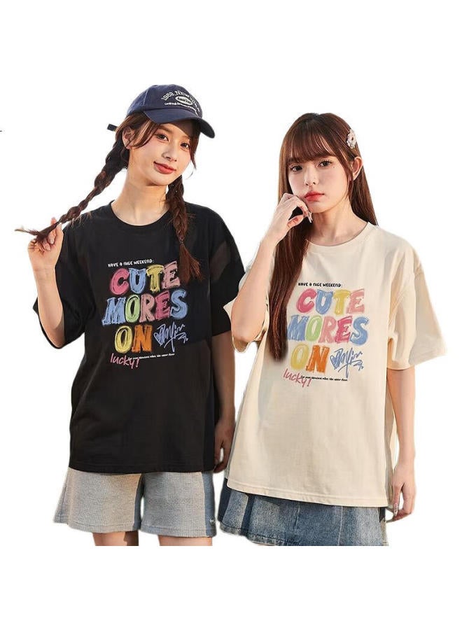 Tonlion Women'S Round Neck Graffiti Text Pure Cotton Short Sleeve T-Shirt Black/Second Batch L - Image 2