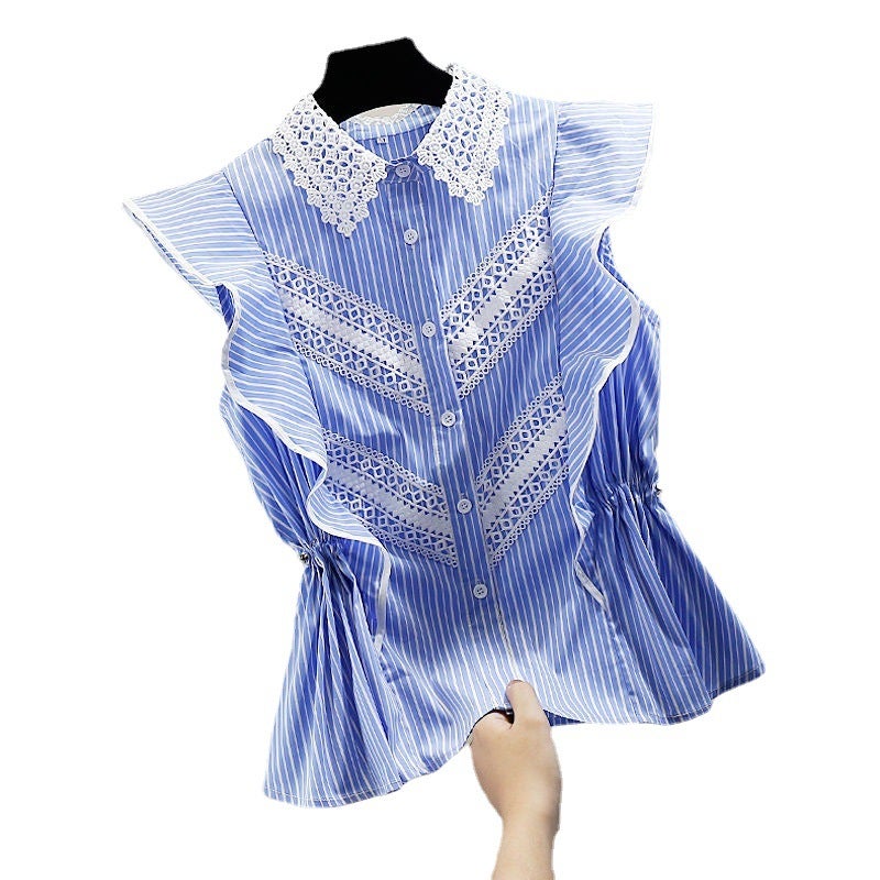 Spot Heavy Industry Hollow Lace Lace Contrast Drawstring Waist Ruffled Sleeveless Shirt Fashion Striped Vest - Image 5