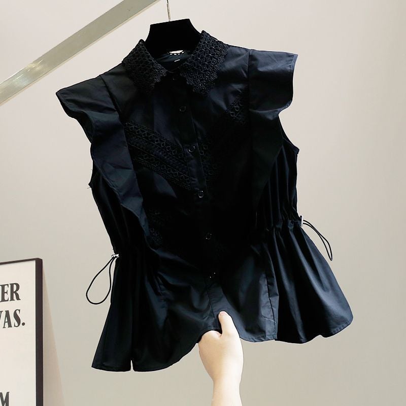 Spot Heavy Industry Hollow Lace Lace Contrast Drawstring Waist Ruffled Sleeveless Shirt Fashion Striped Vest - Image 4