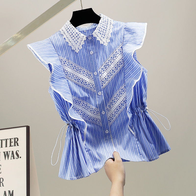 Spot Heavy Industry Hollow Lace Lace Contrast Drawstring Waist Ruffled Sleeveless Shirt Fashion Striped Vest - Image 2