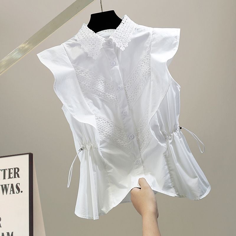 Spot Heavy Industry Hollow Lace Lace Contrast Drawstring Waist Ruffled Sleeveless Shirt Fashion Striped Vest - Image 3