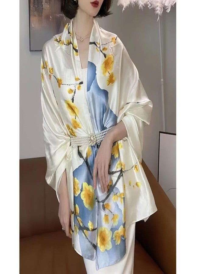 وشاح ساتان كبير كريمي اللون للنساء، أوشحة حريرية مستطيلة الشكل للرقبة مناسبة لأعياد الميلاد والكريسماس، مع تغليف هدايا (النمط 22) - Image 4