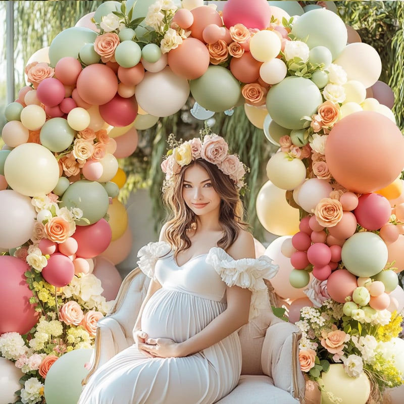 Blocesa Dusty Pink Yellow Green Balloons Arch Kit, Double Stuffed Pastel Light Yellow Sage Green Peach Balloon Garland Ivory White Sand Color for Bear Wildflower Birthday Wedding Party Decorations - Image 5