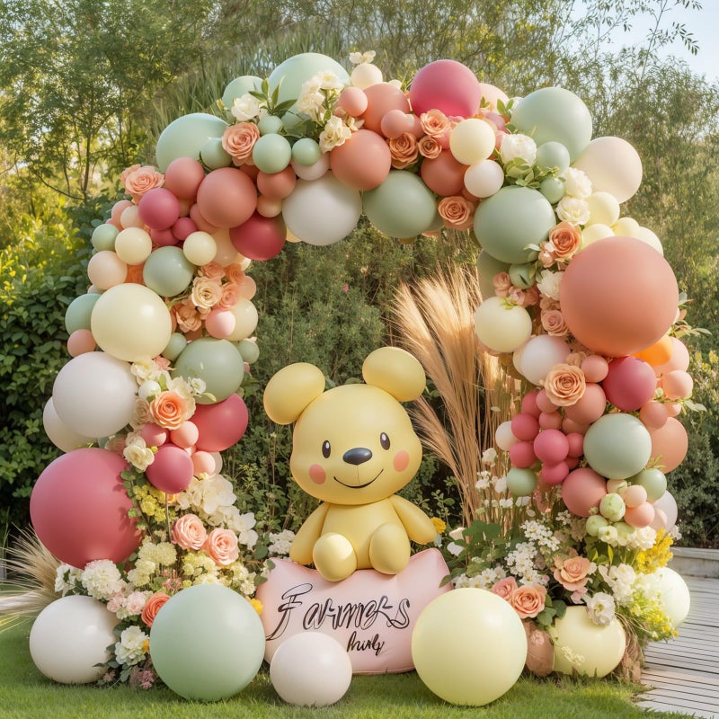 Blocesa Dusty Pink Yellow Green Balloons Arch Kit, Double Stuffed Pastel Light Yellow Sage Green Peach Balloon Garland Ivory White Sand Color for Bear Wildflower Birthday Wedding Party Decorations - Image 1