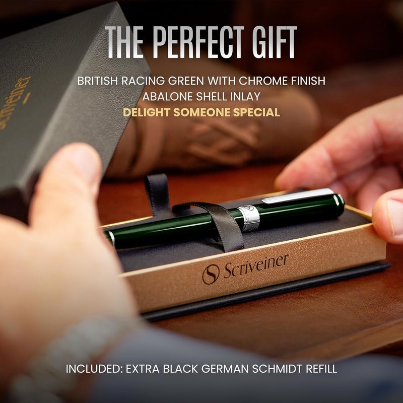 Scriveiner British Racing Green Rollerball - Stunning Luxury Rollerball Pen, Chrome Finish, Schmidt Ink Refill, Best Roller Ball Pen Gift Set for Men & Women, Professional, Executive Office, Nice Pens - Image 3