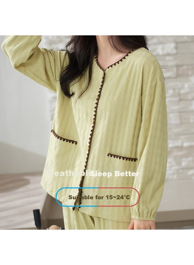 Xulen Women's Cotton Thickened Long Sleeve Pajamas Autumn And Spring Plus Size Home Wear Set 62485 Milk Green XL - Image 2