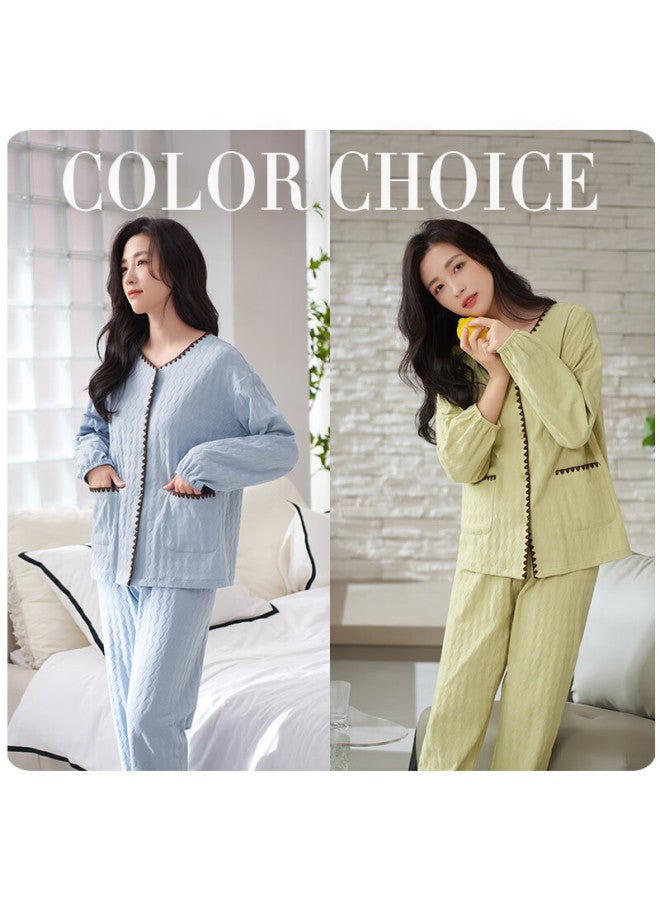 Xulen Women's Cotton Thickened Long Sleeve Pajamas Autumn And Spring Plus Size Home Wear Set 62485 Milk Green XL - Image 3