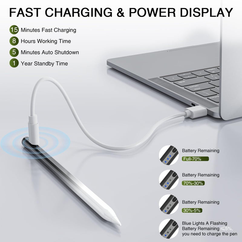 HATOKU Pen for iPad 2018-2025, HATOKU 15 Mins Fast Charging Pencil 1st Generation with Tilt & Palm Rejection for iPad Air 3/4/5/M2/M3, iPad Mini 5/6/7, iPad 6/7/8/9/10/11, iPad Pro 11/12.9/M4/M5(Black White) - Image 3