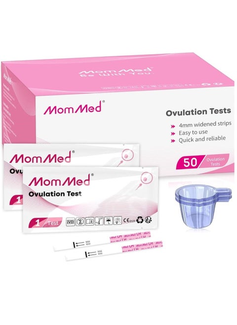 شرائط اختبار الإباضة من MomMed، مجموعة توقع الإباضة بقدرة 50 LH مع 50 كوب مجموعة، تتبع اختبار الإباضة بدقة، نتائج حساسية عالية للاختبار المنزلي للنساء