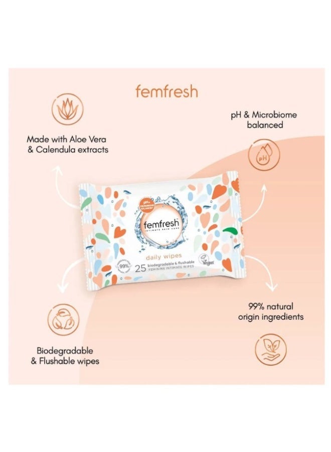 Femfresh Intimate Wipes - 25 Count | Flushable & Biodegradable Feminine Hygiene Wipes | Aloe Vera & Calendula | pH Balanced | Hypoallergenic Gentle Care - Image 2