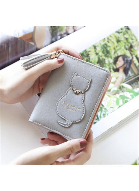 Korean Sweet Cute Cat 2-Fold Tassel Womens Wallet Gray-available after the year (do not order urgent orders)