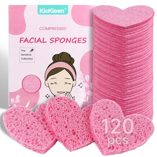kickleen 120Count Kickleen Compressed Cellulose Heart Shape Facial Sponges Natural Cosmetic Spa Sponges for Facial Cleansing Exfoliating Makeup Mask Removal Reusable Skin Massage 120 Count Pink - Image 1