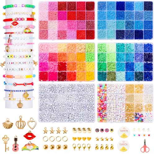 Goldwise Friendship Bracelet Kit 6 Boxes Bracelet Making Kits with 48 Colors Clay Beads 48 Colors Glass Seed Beads and 4 Styles Letter Beads AZ with Charms for Bracelet Making Gift - Image 1
