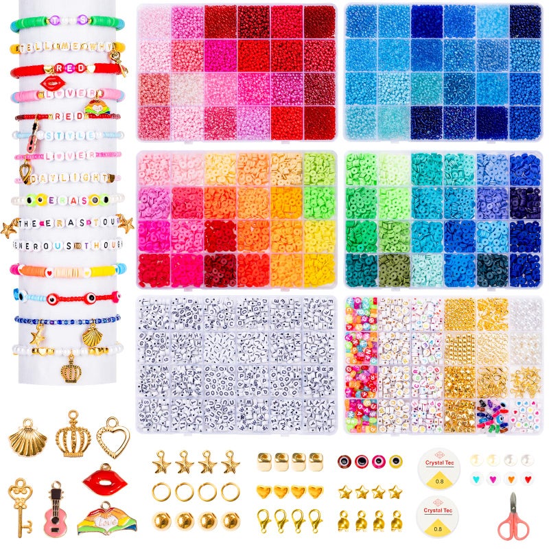 Goldwise Friendship Bracelet Kit 6 Boxes Bracelet Making Kits with 48 Colors Clay Beads 48 Colors Glass Seed Beads and 4 Styles Letter Beads AZ with Charms for Bracelet Making Gift - Image 2