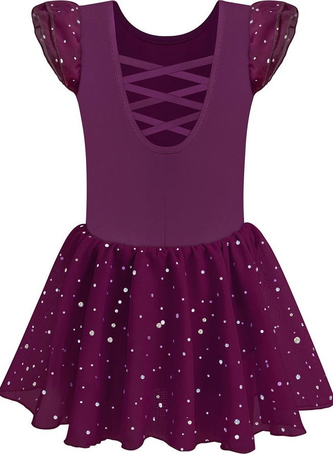 MOLLDAN Girls Dance Leotards for Ballet Dress Shiny Skirt Ruffle Sleeve Crisscross Back(L, Dark Purple) - Image 1