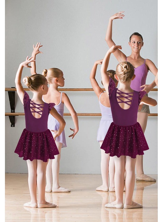 MOLLDAN Girls Dance Leotards for Ballet Dress Shiny Skirt Ruffle Sleeve Crisscross Back(L, Dark Purple) - Image 4