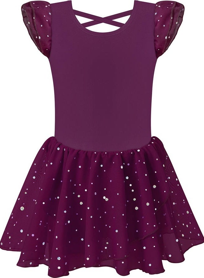 MOLLDAN Girls Dance Leotards for Ballet Dress Shiny Skirt Ruffle Sleeve Crisscross Back(L, Dark Purple) - Image 2