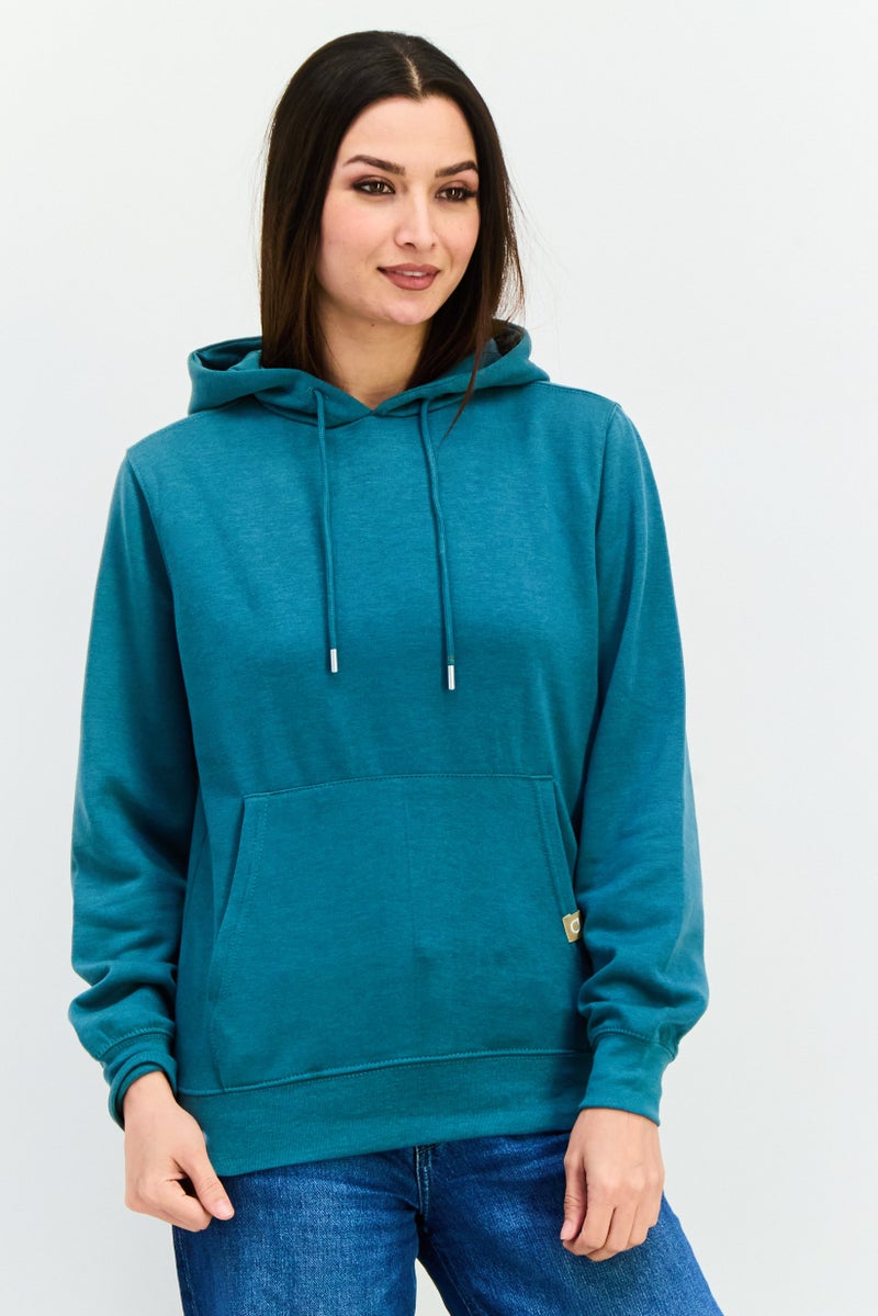 CROSSHATCH Women Hooded Long Sleeves Solid Sweatshirt, Teal - Image 1