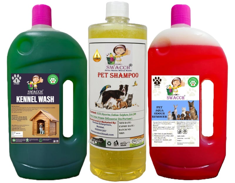 swacch Kennel Wash (Jasmine) + Pet Shampoo (Lemon) I Pet Aqua Odour Remover (Strawberry) 1 Litre Combo Pack of 3 Economical Pack I Dog and Cat Friendly - Image 1