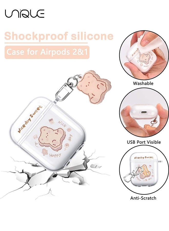 Unique For Airpod 1/2 Case with Bear Keychain Cute cartoon bear design Soft silicone Shockproof compatible Airpods 2nd Generation Girl Charging Case for women (Brown) - Image 2