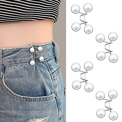Alamic 4 Sets Reusable Pant Waist Tightener Adjustable Buttons for Jeans, White Pearl - Image 1
