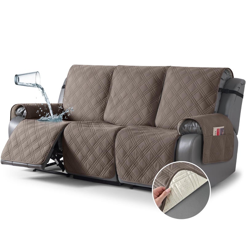 TAOCOCO 100 Waterproof Recliner Sofa Cover Non Slip Split Couch Covers for Reclining Couches with Elastic Straps Washable Reclining Sofa Cover Furniture Protector for Kids Pets3 Seater Taupe