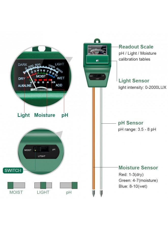 SONKIR - SONKIR Soil pH Meter, MS02 3-in-1 Soil Moisture/Light/pH Tester Gardening Tool Kits for Plant Care, Great for Garden, Lawn, Farm, Indoor & Outdoor Use (Green), 2 Packs - Image 1