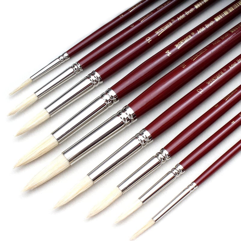 Chrome Long Handle White Bristle Hair Round Tip Artist Paint Brushes -9 Piece Set - Image 2