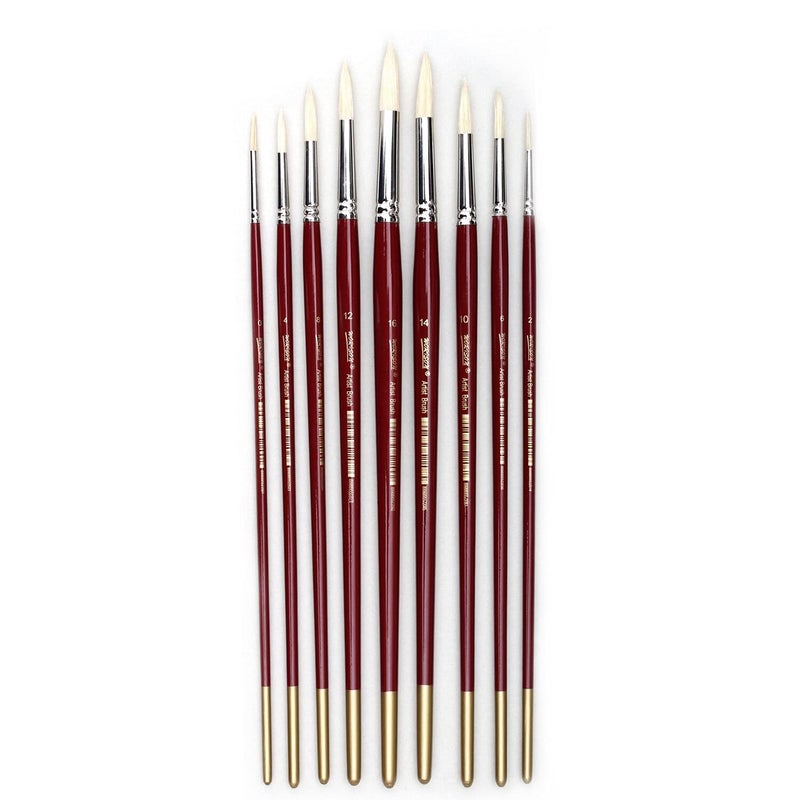 Chrome Long Handle White Bristle Hair Round Tip Artist Paint Brushes -9 Piece Set - Image 1
