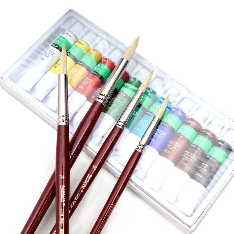 Chrome Long Handle White Bristle Hair Round Tip Artist Paint Brushes -9 Piece Set - Image 5