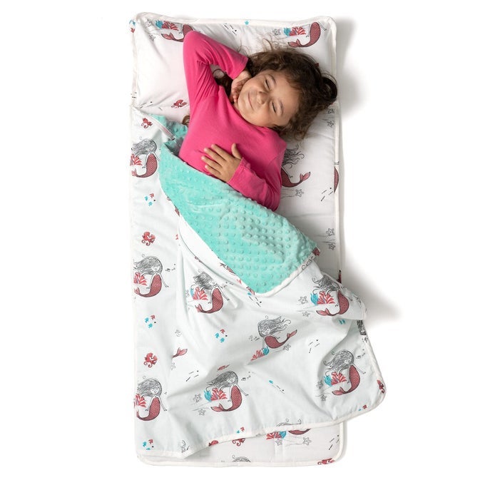TODDLER NAP MAT SLEEPING BAG FOR KIDS WITH REMOVABLE PILLOW AND ULTRA SOFT BLANKET FOR PRESCHOOL DAYCARE AND SLEEPOVERS MERMAIDS