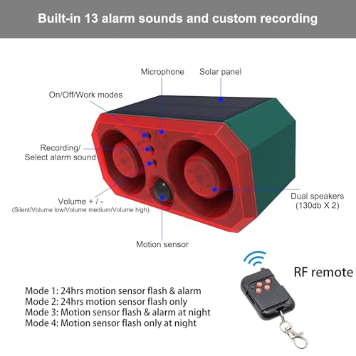 Comboss Solar Outdoor Motion Sensor Alarm - Barking Dog Sound With 2 * 130db Noise Maker & 13LED Strobe Light, Support Recording, for Home Security (1 Pack) - Image 2