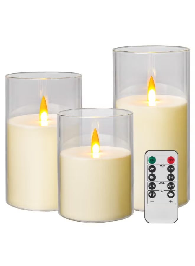 YSR VEF 3 Piece LED Flameless Pillar Candles Set, Swing Flame with Remote Control Timer Battery Powered 3D Wick Lights for Home Decoration Parties (White) - Image 1