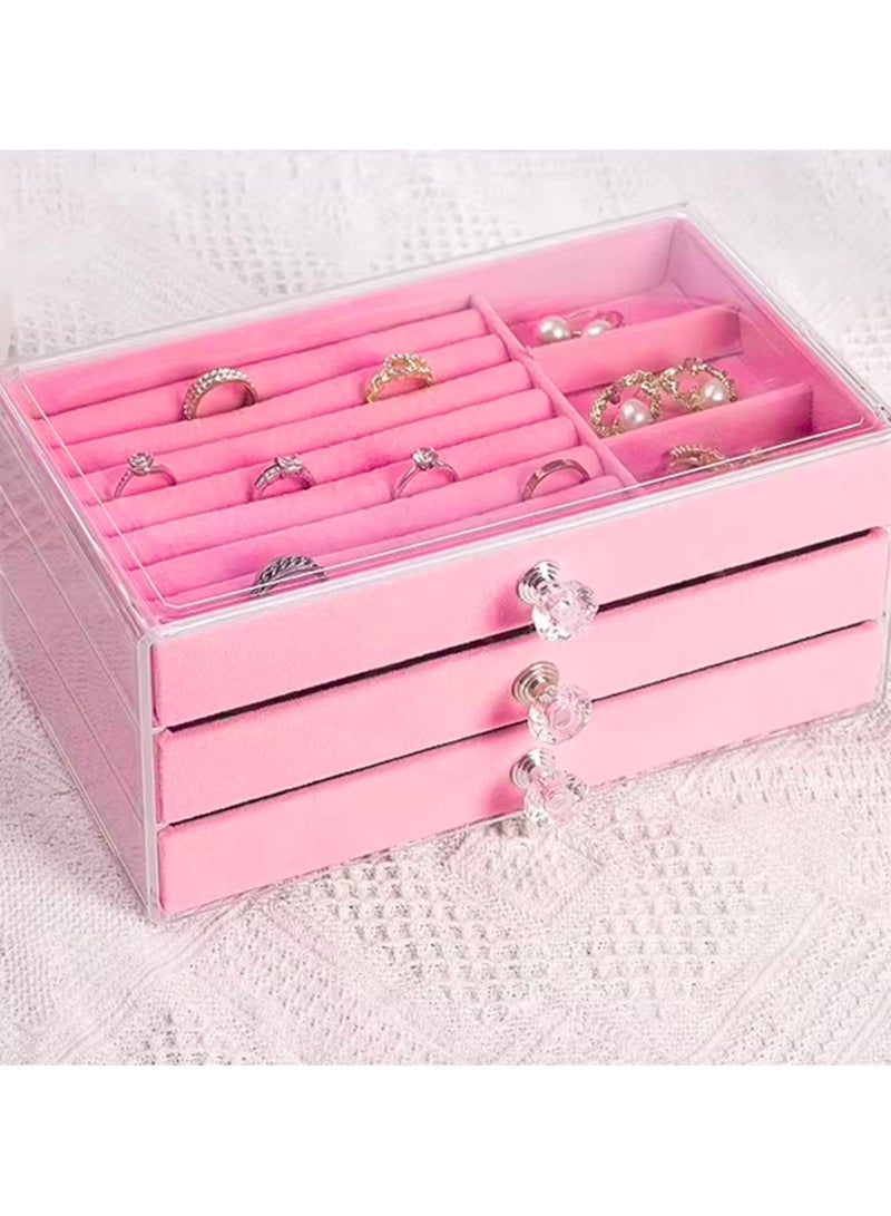 Fine Productions صناديق تخزين ومنظمات مجوهرات فاخرة للنساء والفتيات مخملية بثلاثة أقسام لتخزين أقراط الأذن والقلائد والأساور وعلبة تخزين المجوهرات باللون الوردي - Image 2