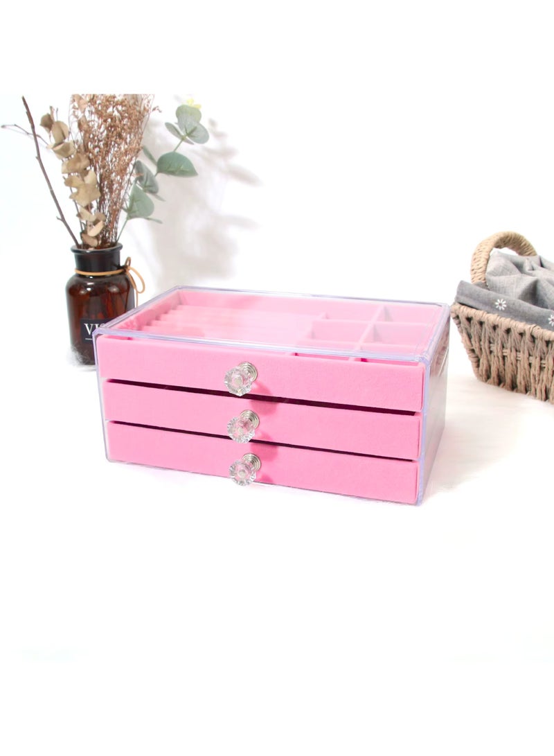 Fine Productions صناديق تخزين ومنظمات مجوهرات فاخرة للنساء والفتيات مخملية بثلاثة أقسام لتخزين أقراط الأذن والقلائد والأساور وعلبة تخزين المجوهرات باللون الوردي - Image 3