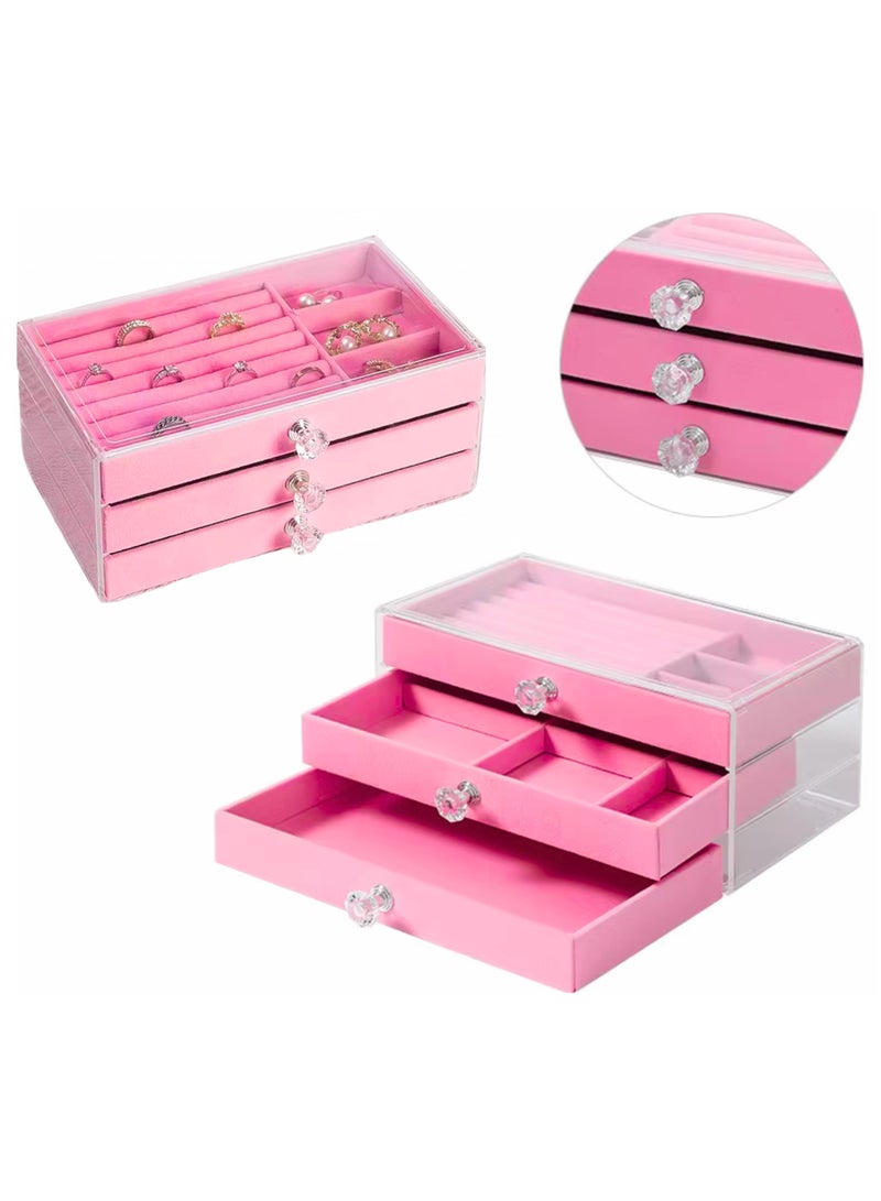 Fine Productions صناديق تخزين ومنظمات مجوهرات فاخرة للنساء والفتيات مخملية بثلاثة أقسام لتخزين أقراط الأذن والقلائد والأساور وعلبة تخزين المجوهرات باللون الوردي - Image 1